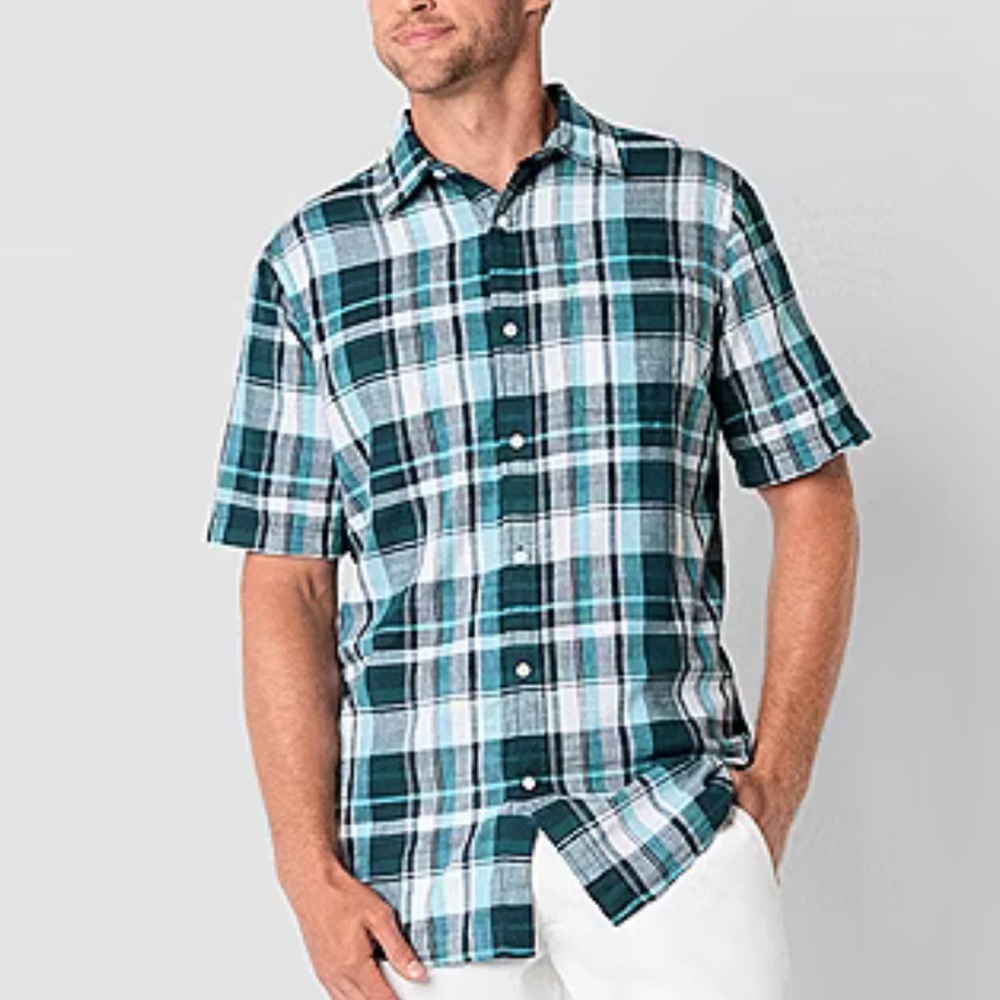 St. John's Bay Mens Linen Blend Short Sleeve‎ Navy Plaid Button Down Shirt L NWT